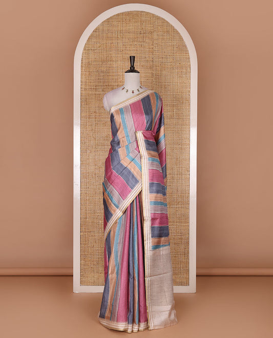 Multi color vertically striped semi-tussar saree, contrast resham thread border of temple and rudraksham motifs, striped pallu, and contrast striped printed blouse
