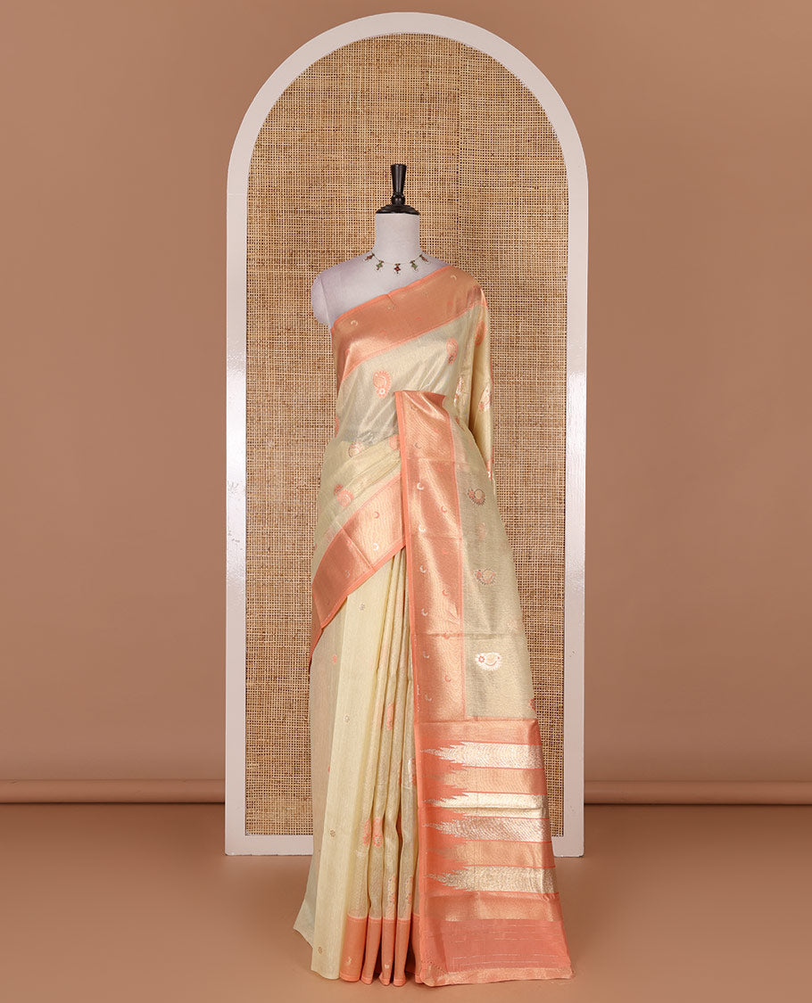 Sandal antique buttas tissue silk saree, contrast satin zari border of half-moon motifs, pallu of temple design pallu, and contrast butta blouse