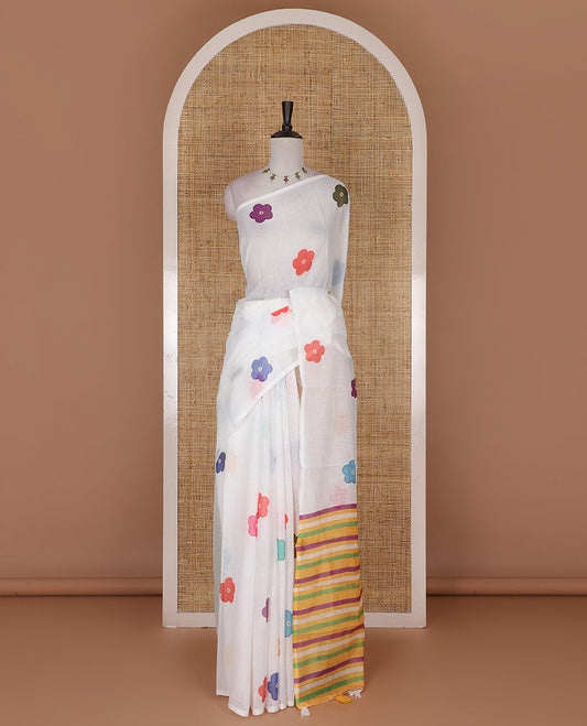 Borderless White colorful five-petal flower motifs printed linen cotton saree, multi-color striped pallu, and contrast printed blouse