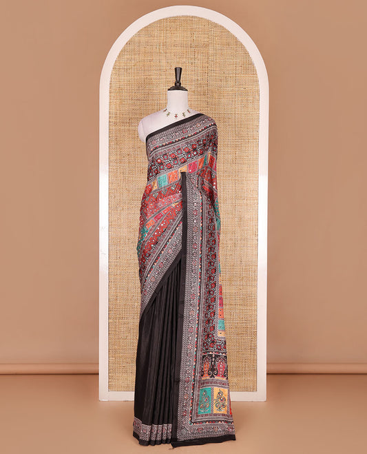 Black kaleidoscopic colored floral-geometric printed with mirrorwork masakali saree, printed border, print with mirror work pallu, and a matching blouse