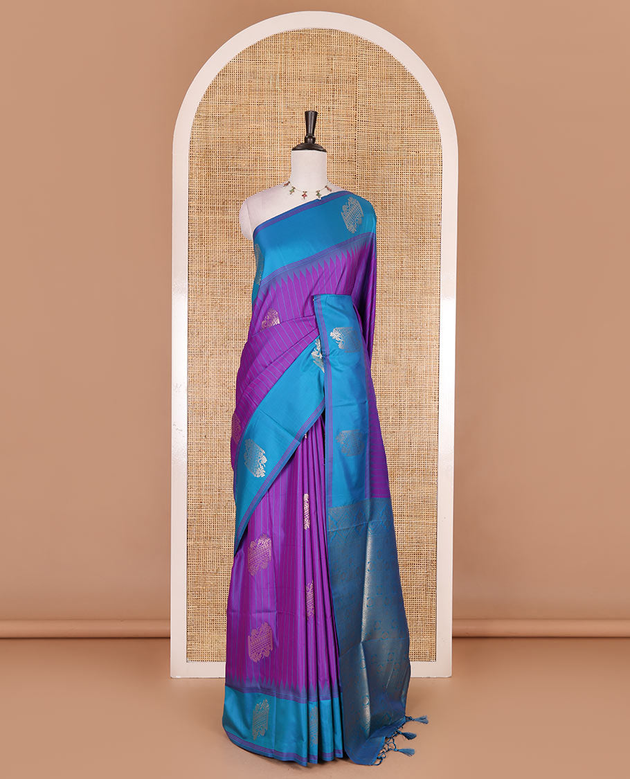 Violet striped and zari buttas Mulberry silk saree, contrast temple zari buttas border, intricate pallu, and contrast zari design blouse