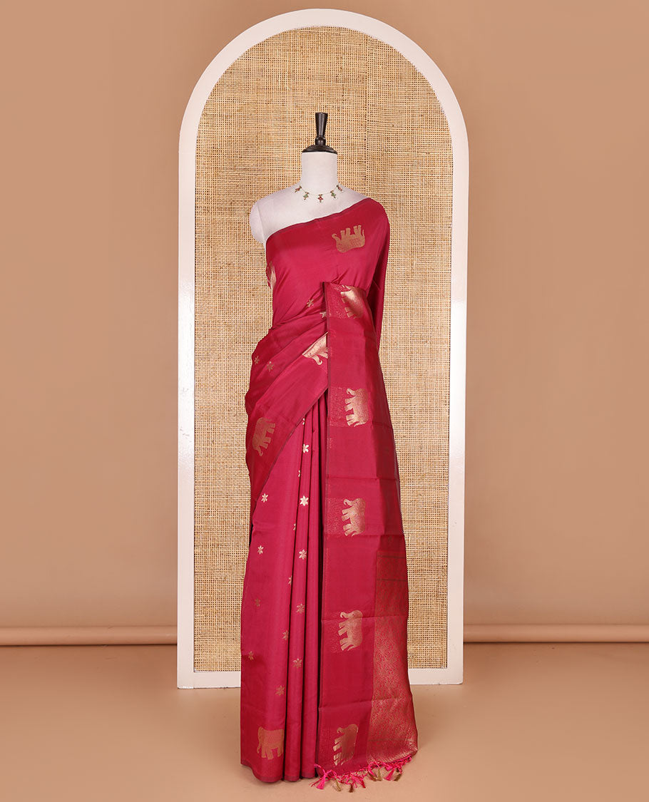 Borderless pink floral and elephant buttas zari woven kanchi silk saree, intricate pallu, and matching zari design blouse