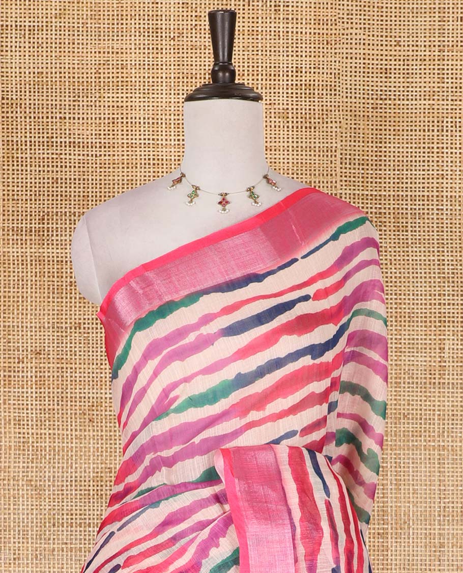 Multi-color leheriya-style stripes printed linen cotton saree, contrast bavanji border, wedding style printed pallu, and contrast printed blouse