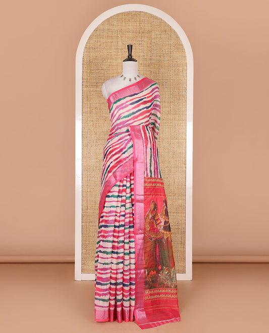 Multi-color leheriya-style stripes printed linen cotton saree, contrast bavanji border, wedding style printed pallu, and contrast printed blouse