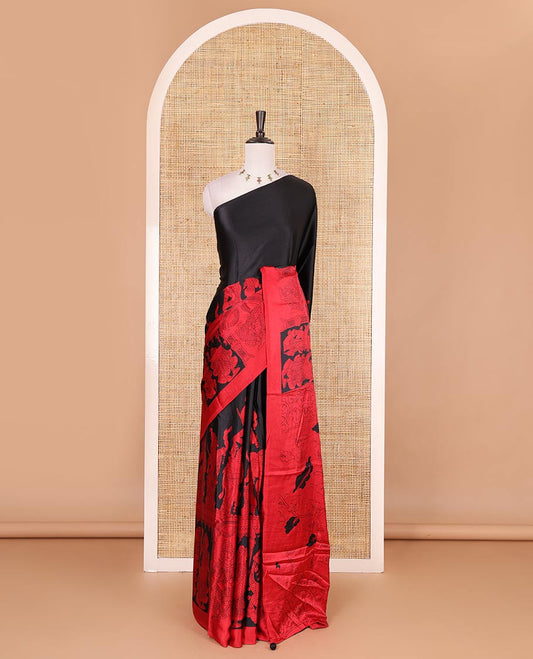 Borderless black and red colored kalamkari human figurines printed Gaji silk saree, kalamkari printed pallu and blouse