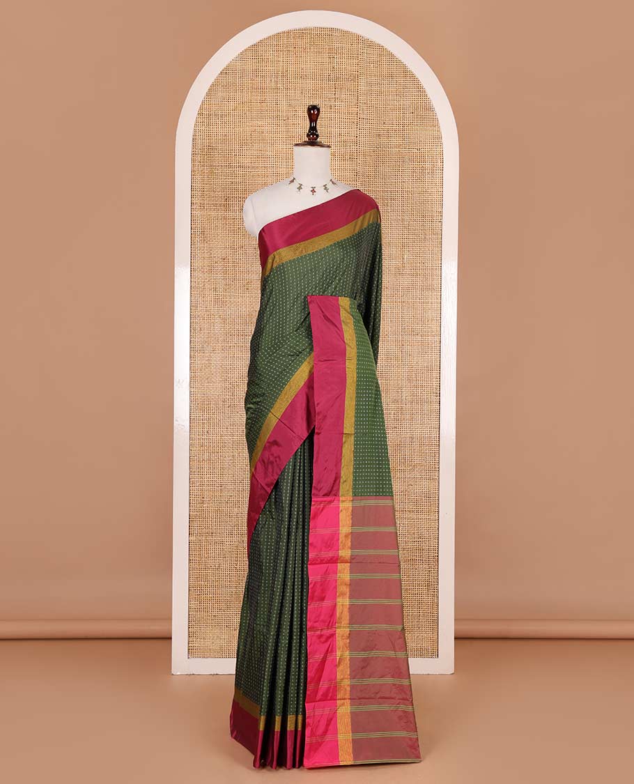Olive green-pink plus-shaped buttas steeped semi-soft silk saree, contrast satin border of stripes, striped pallu, and contrast blouse