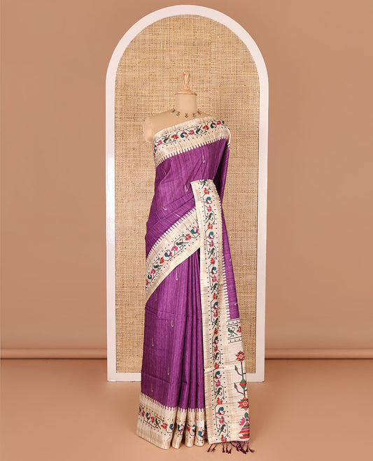 Dark violet muniya motifs katan silk saree, contrast paithani style border, pallu and blouse steeped with peacock, parrot, and floral motifs,