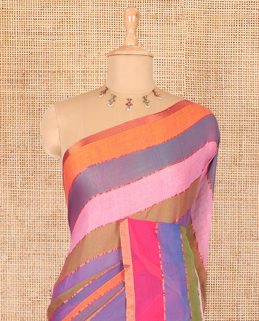 Purple rainbow-style striped Khadi mul cotton saree with piping zari border, and a matching zari striped blouse