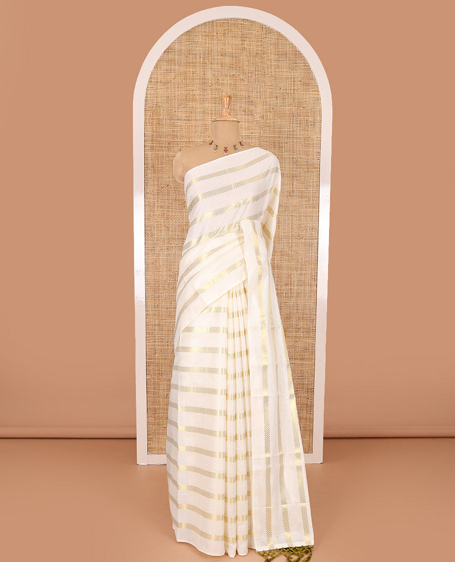 Borderless cream and olive green horizontal muthu zari striped Kerala cotton saree, self-pallu with tassels, and a matching blouse