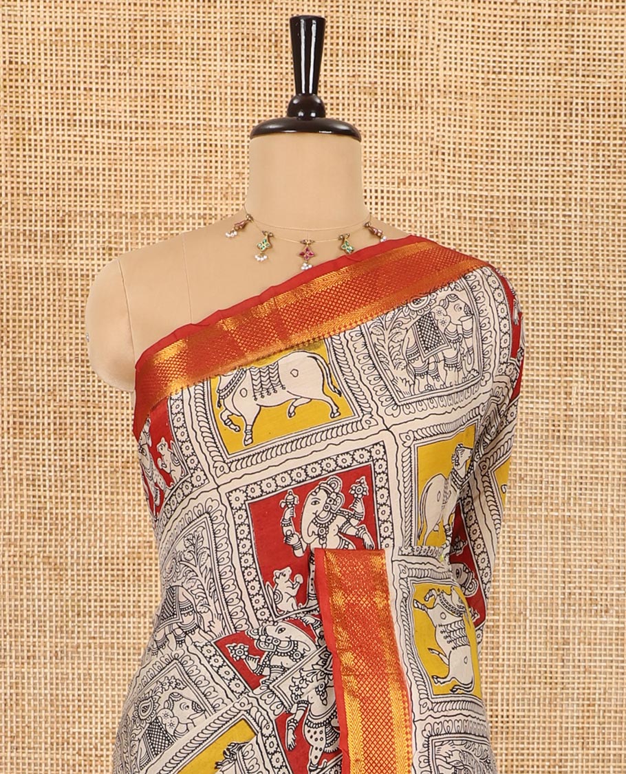 Maroon Pichwai cow, elephant, and Vinayagar motifs enclosed checked printed Mangalagiri cotton saree with contrast traditional zari borders, kalamkari printed pallu, and a floral vine printed blouse