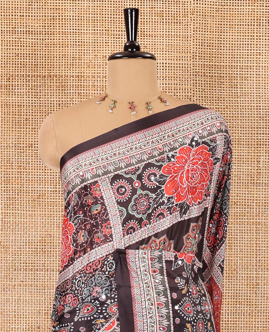 Black geometric and floral printed with mirror work masakali saree, self-border, printed and mirror work pallu, and a matching blouse