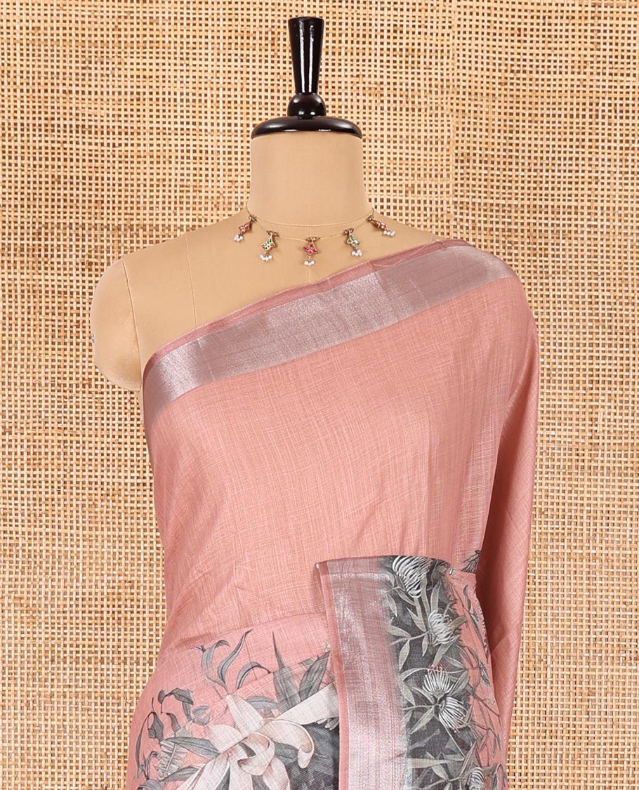 Onion pink tropical floral printed Linen cotton saree, bavanji border, tropical floral printed, and leaf motifs printed blouse