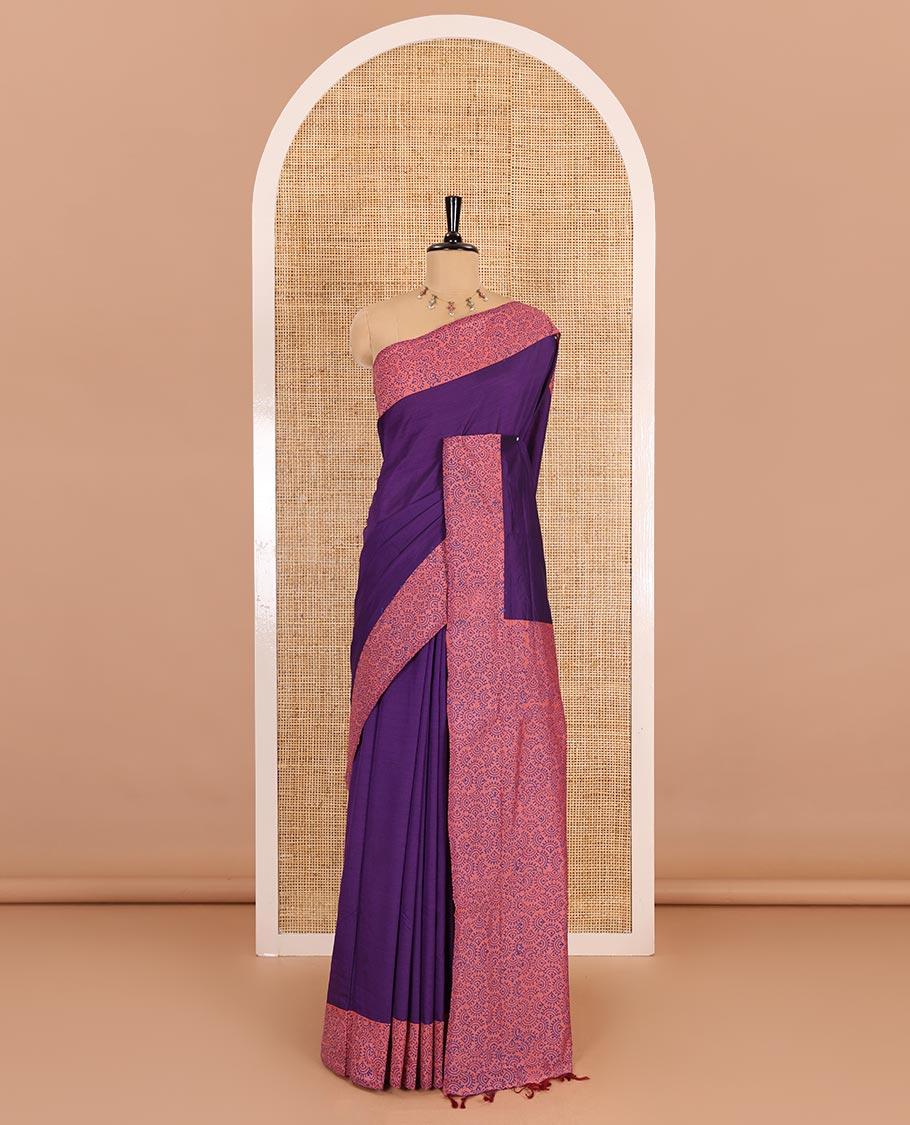 Dark violet plain South cotton saree, contrast border, and pallu of intricate print, and a block printed blosue