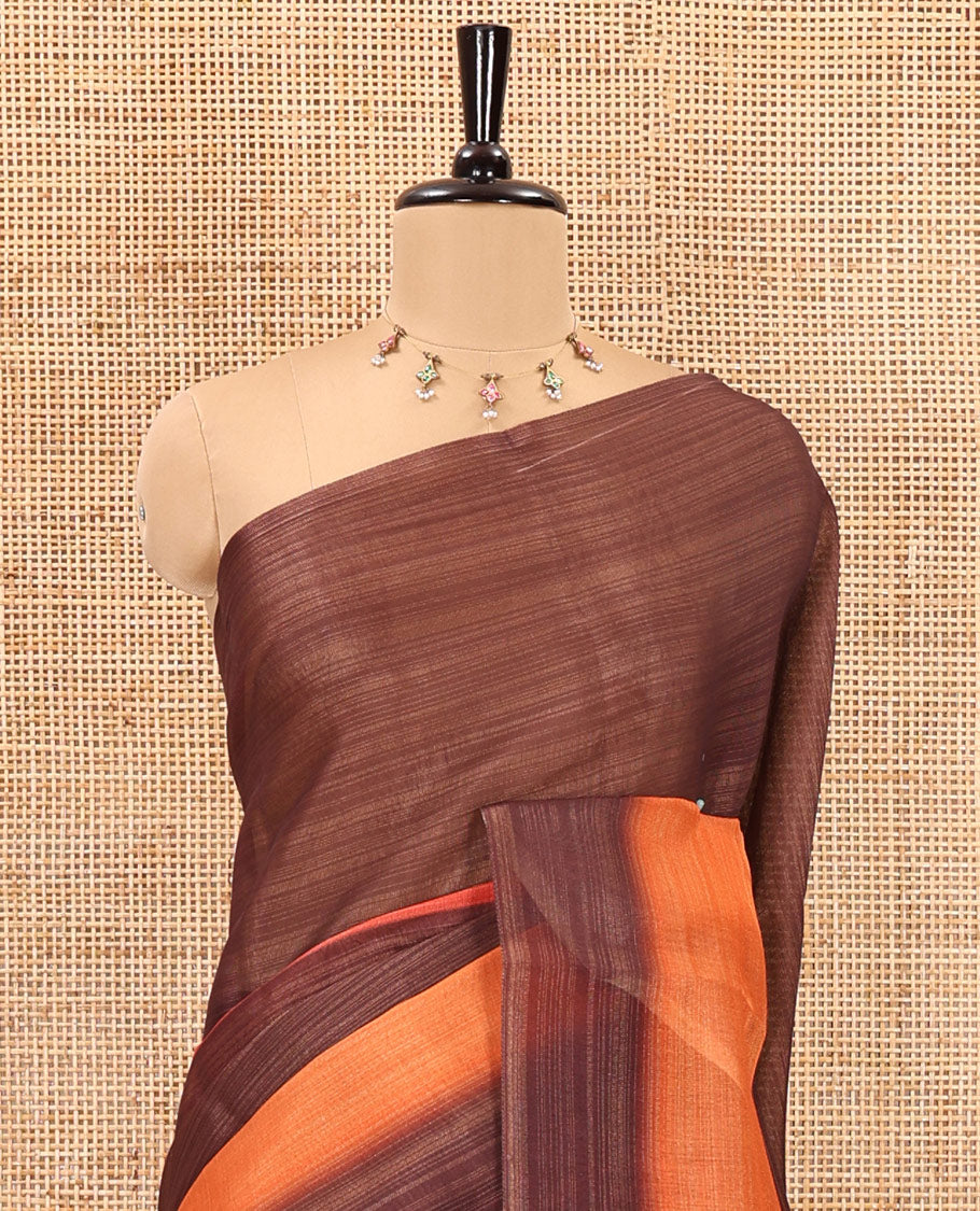 Brown horizontally striped linen cotton saree, contrast plain border, checks and striped pallu, and a horizontal striped blouse