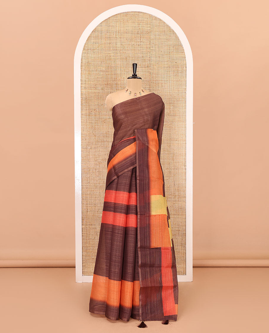 Brown horizontally striped linen cotton saree, contrast plain border, checks and striped pallu, and a horizontal striped blouse