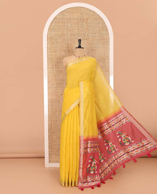 Yellow plain Munga cotton saree, gold zari piping boder, contrast pallu of multi-color jamdani weave, and contrast zari buttas blouse