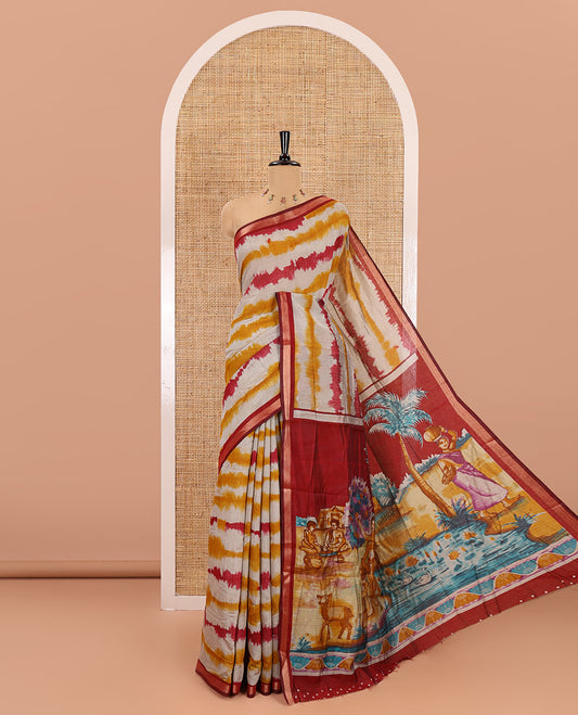 Maroon shibori printed muslin cotton saree, contrast zari border, village theme printed pallu, and a contrast dots printed blouse