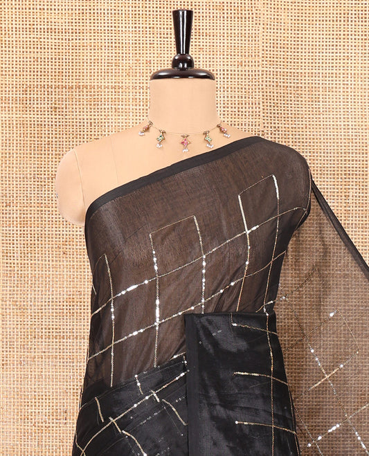 Borderless black sequins embroidered checked khadi tissue saree, self-pallu, and a plain matching blouse