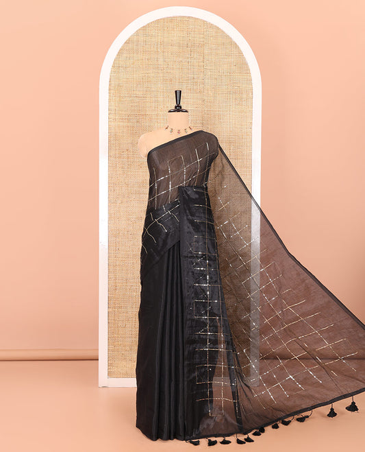 Borderless black sequins embroidered checked khadi tissue saree, self-pallu, and a plain matching blouse