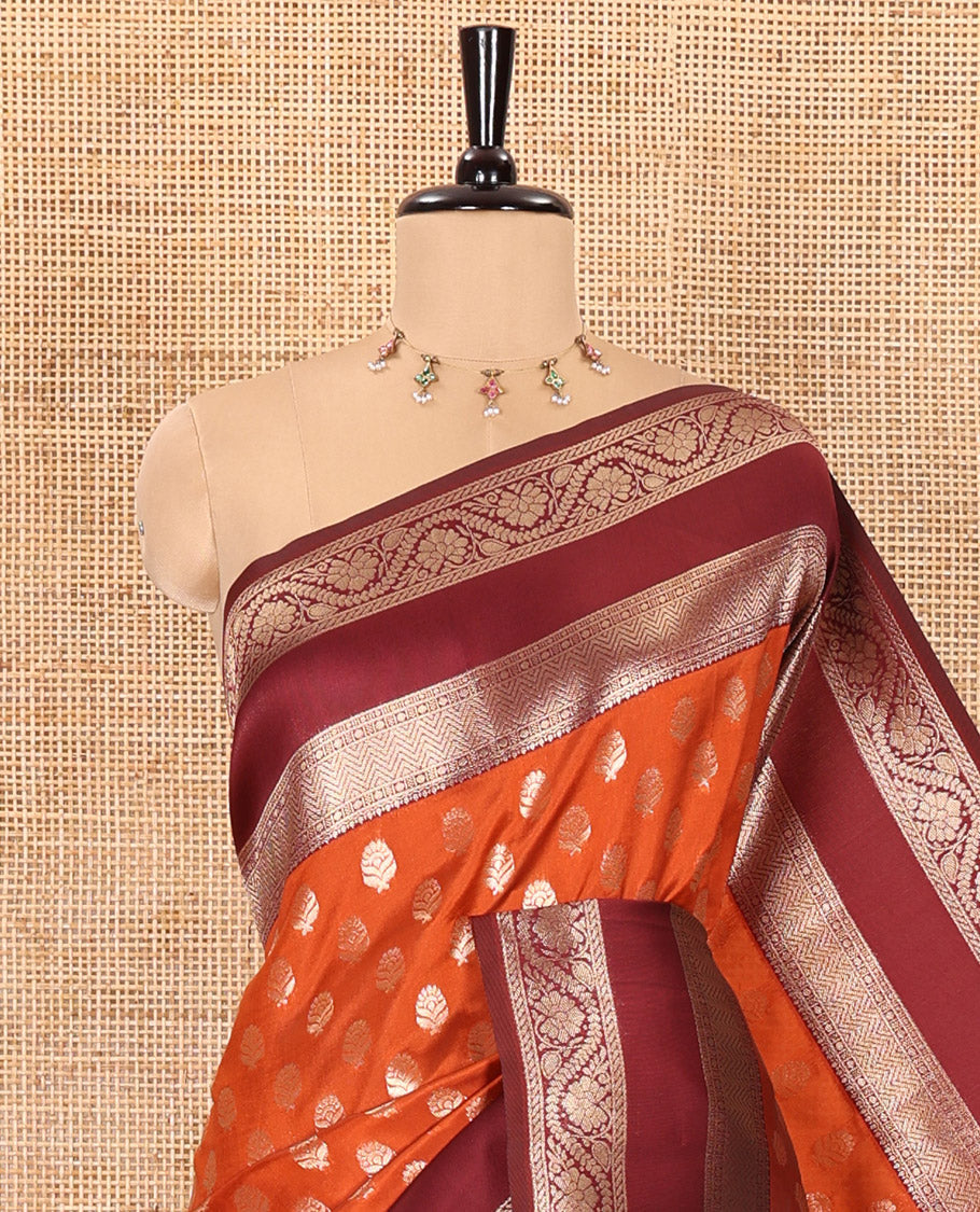 Rust orange zari floral buttas kanchi silk saree, contrast traditional floral creeper border, intricate pallu, and a zari design pallu