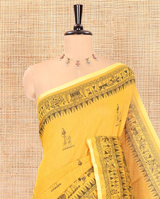 Yellow Warli-village printed khadi cotton saree, printed border, and contrast warli motifs printed pallu, and contrast plain blouse