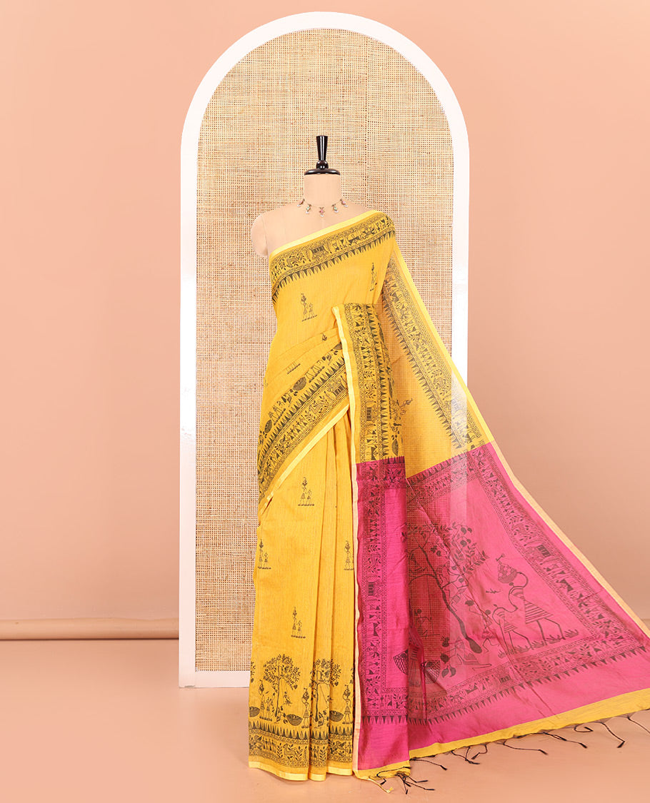 Yellow Warli-village printed khadi cotton saree, printed border, and contrast warli motifs printed pallu, and contrast plain blouse