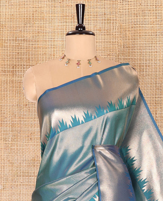Blue Elite Soft Silk Saree Gleamed Up with Vaira Oosi Stripes, Featuring a Temple Zari Border, Zari Elevated Pallu, and a Matching Zari Design Blouse