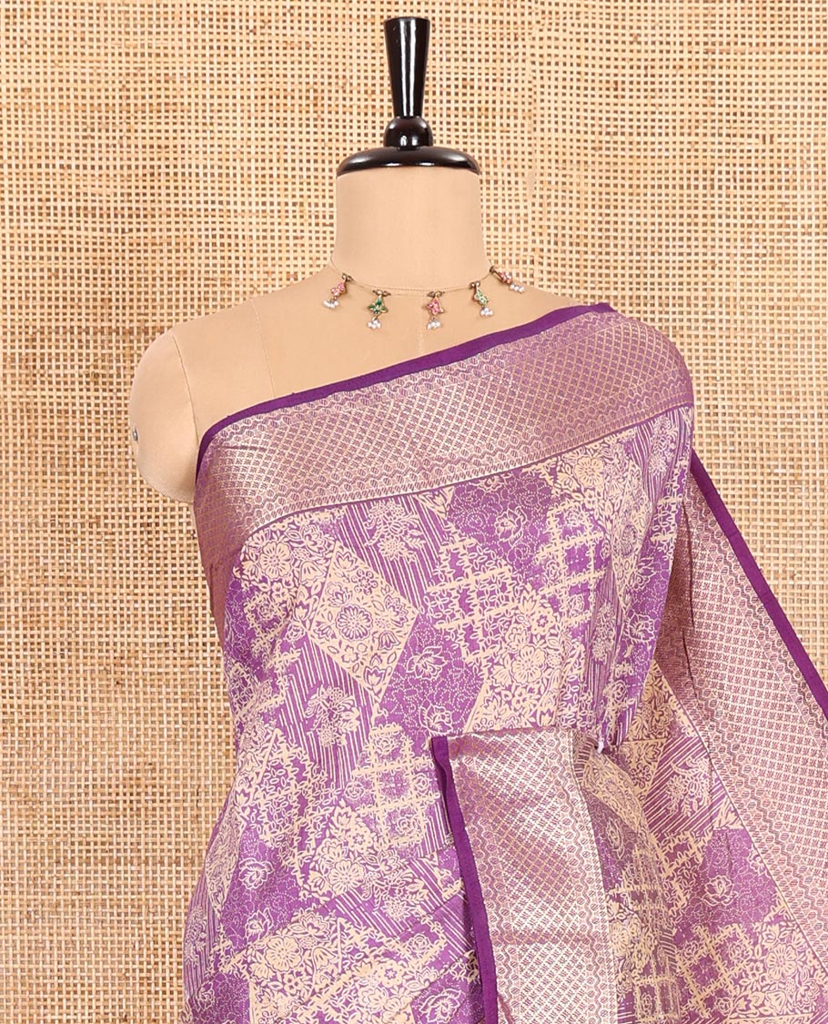 Lavender Semi-Tussar Saree Meticulously Crafted with Floral-Enclosed Diamond Patterns Printed Across the Body, Featuring a Subtly Woven Border with Traditional Zari Designs, and a Pallu Elevated with Zari Stripes, Paired with a Matching Blouse