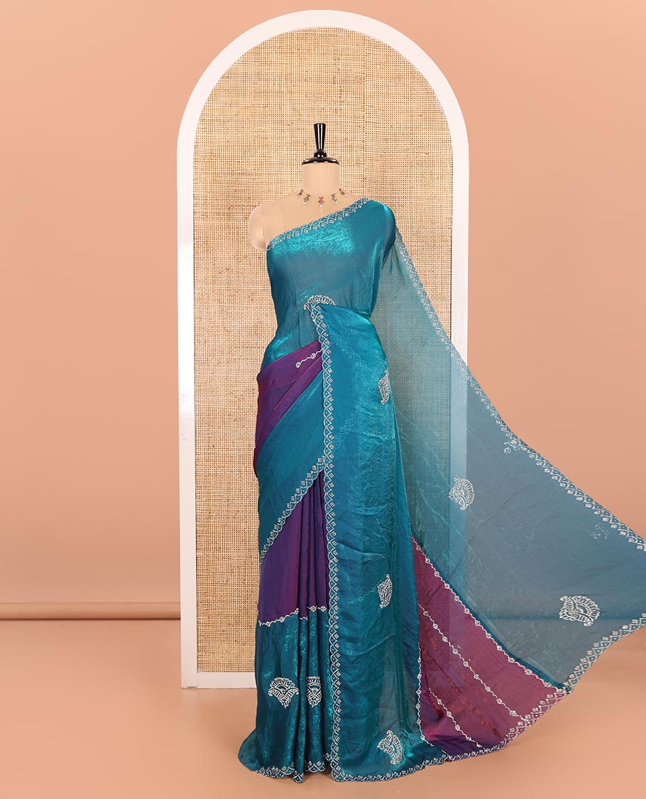 Peacock Green Fendy Chiffon Saree Featuring Elegant Stripes and Buttas Adorned with Sparkling Swarovski Stone Work, Enhanced with a Scalloped Swarovski Stone Work Border, and Paired with a Matching Blouse Embellished with Swarovski Stone Work