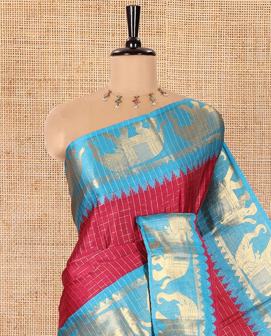 Purple Semi-Taffeta Saree, Accentuated with Medium-Zari Checks All Over Its Body, Complemented by Contrast Temple Border Featuring Elephant Motifs, Contrast Checked Pallu, and Paired with a Matching Blouse