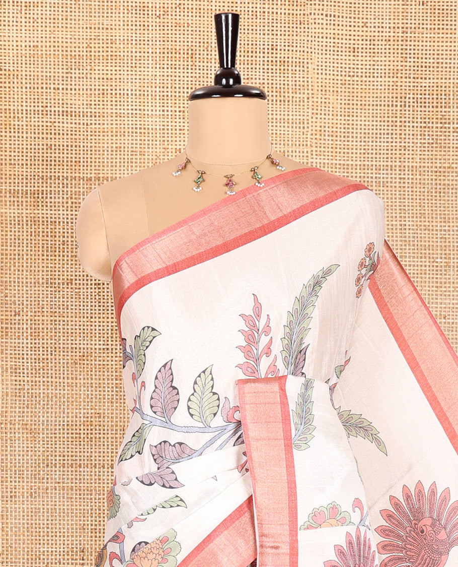 Cream Manipuri Silk Saree Ornamented with Kalamkari Floral and Peacock Prints All Over Its Body, Complemented by a Contrast Zari Border, Pallu Depicts a Big Peacock and Paisleys, and Paired with a Contrast Printed Blouse