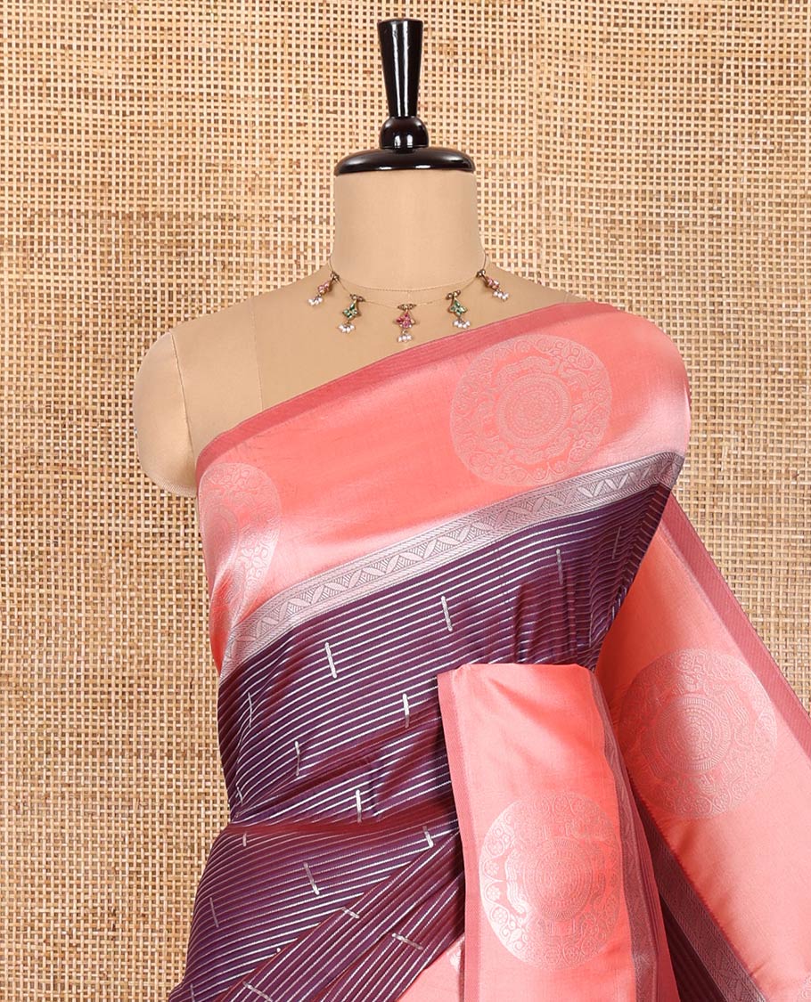 Wine Elite Soft Silk Saree Decked up with Vaira Oosi and Zari Buttas All Over Its Body, Complemented by a Contrast Border Featuring Chakram Motifs, Subtly Sparkled Pallu, and Paired with a Contrast Blouse