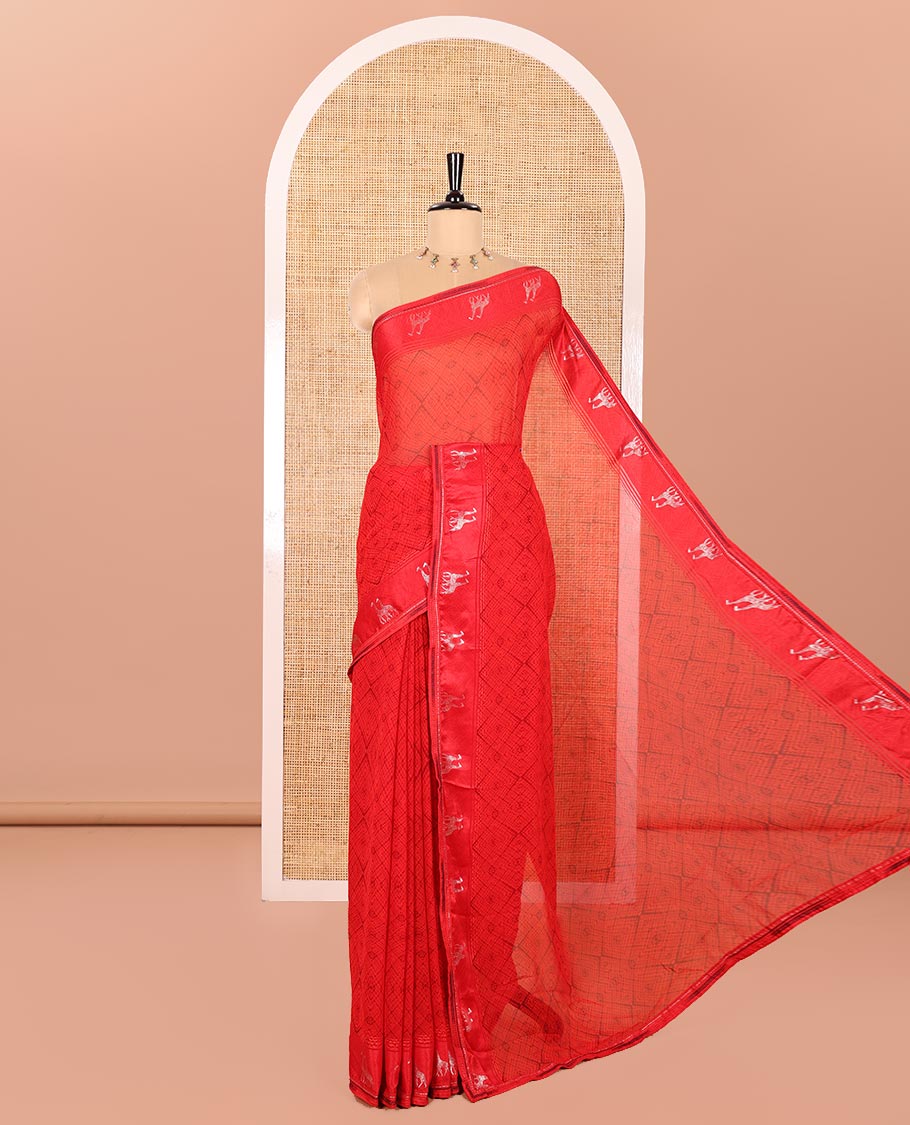 Red Georgette Saree, Decked Up with Diamond Printed All Over Its Body, a Subtle Satin Border of Giraffe Foil Print, Geometric Printed Pallu, and Paired with a Matching Blouse