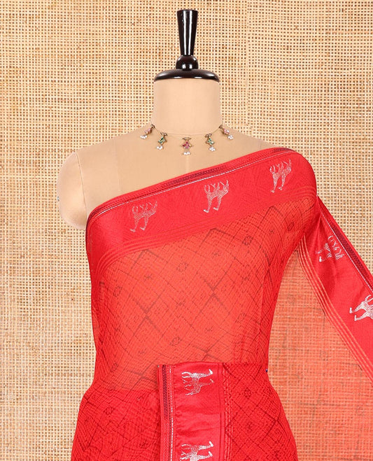 Red Georgette Saree, Decked Up with Diamond Printed All Over Its Body, a Subtle Satin Border of Giraffe Foil Print, Geometric Printed Pallu, and Paired with a Matching Blouse