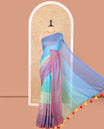 Borderless Multi-Colored Khadi Mul Cotton Saree Accentuated with Rainbow-Style Stripes All Over the Saree, Subtly Sparkled Colorful Tassels, and Paired with a Matching Blouse