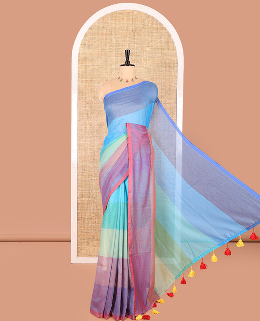 Borderless Multi-Colored Khadi Mul Cotton Saree Accentuated with Rainbow-Style Stripes All Over the Saree, Subtly Sparkled Colorful Tassels, and Paired with a Matching Blouse