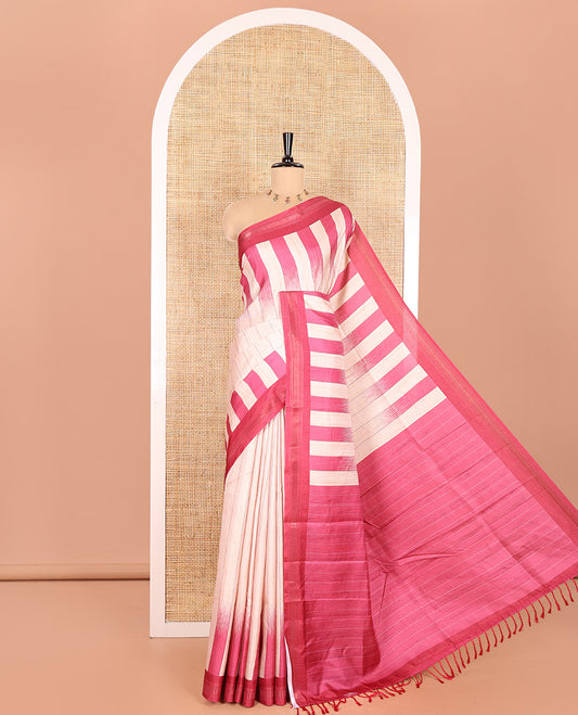 Chikku Manipuri Silk Saree, Subtly Woven with Vertical Stripes All Over Its Body, Complemented by Contrast Zari Border, Sparsely Striped Pallu, and Paired with a Contrast Blouse