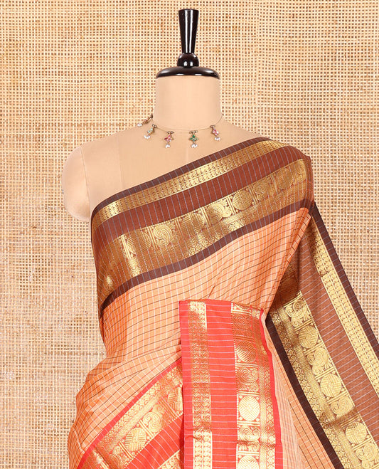 Orange Semi-Soft Silk Saree Elevated with Micro-Checks on Its Body, Complemented by a Contrast Rettai Pettu Zari Border of Paisley, and Chakram Designs, Subtly Striped Pallu, and Paired with a Running Blouse