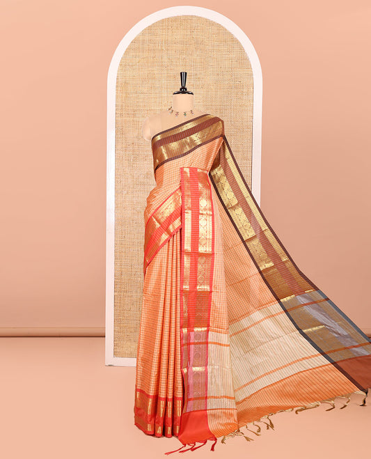 Orange Semi-Soft Silk Saree Elevated with Micro-Checks on Its Body, Complemented by a Contrast Rettai Pettu Zari Border of Paisley, and Chakram Designs, Subtly Striped Pallu, and Paired with a Running Blouse