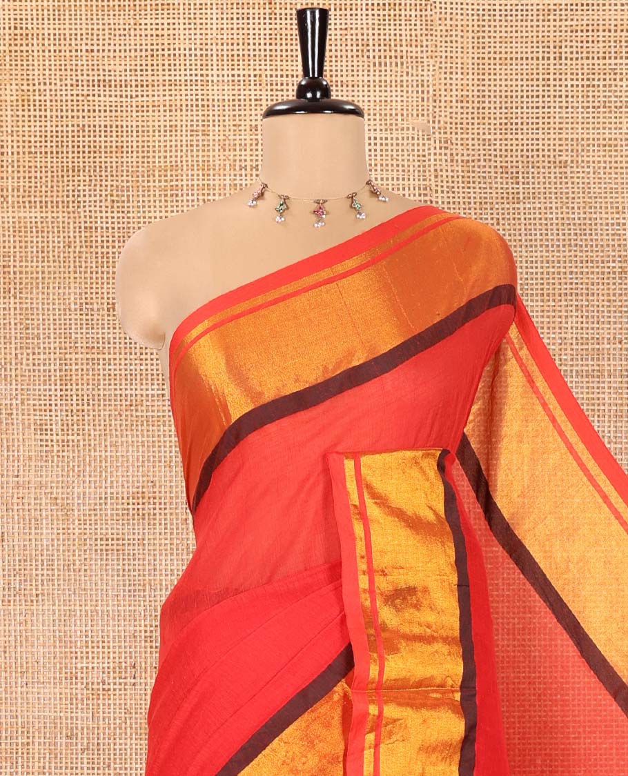 Red Plain Khadi Mul Cotton Saree, Highlighted with Zari Bavanji Border, Plain Pallu, and Paired with a Matching Blouse