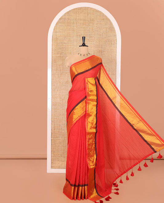 Red Plain Khadi Mul Cotton Saree, Highlighted with Zari Bavanji Border, Plain Pallu, and Paired with a Matching Blouse