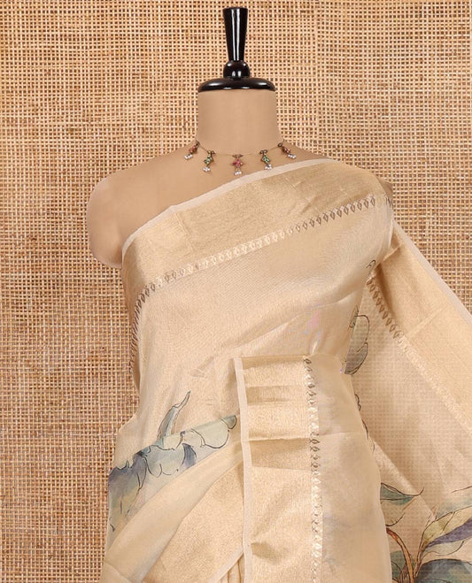 Gold Tissue Saree, Decked Up with Tropical Motifs Printed on Its Body, Subtle Zari Border, Pallu Pictures Tropical Motifs Print, and Paired with a Matching Blouse
