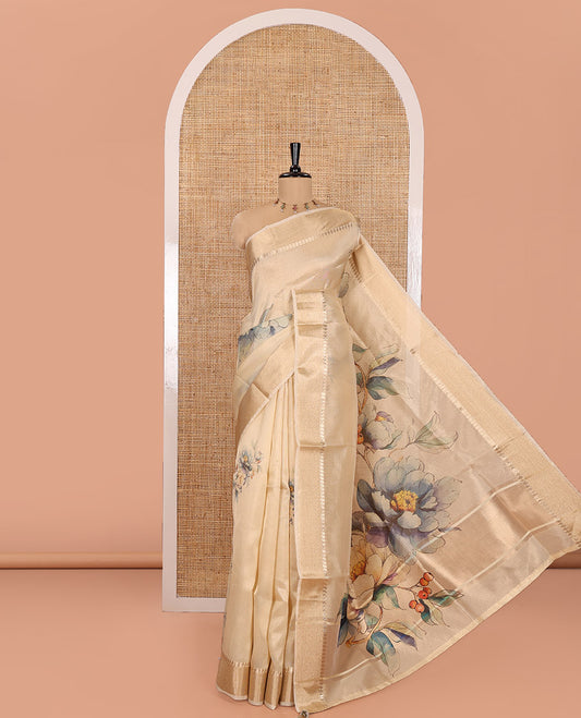 Gold Tissue Saree, Decked Up with Tropical Motifs Printed on Its Body, Subtle Zari Border, Pallu Pictures Tropical Motifs Print, and Paired with a Matching Blouse