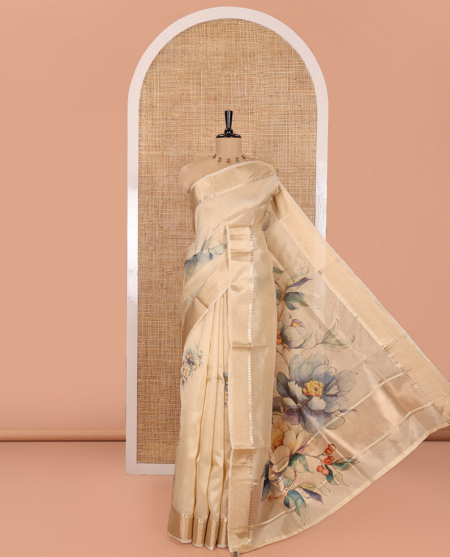 Gold Tissue Saree, Decked Up with Tropical Motifs Printed on Its Body, Subtle Zari Border, Pallu Pictures Tropical Motifs Print, and Paired with a Matching Blouse