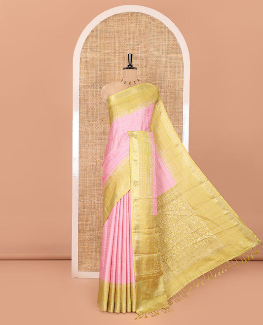 Pink Manipuri Silk Saree, Subtly Sparkled with a Checked Design on Its Body, Complemented by a Contrast Zari Checked Border, Pallu Pictures Floral Jaal Designs, and Paired with a Contrast Blouse