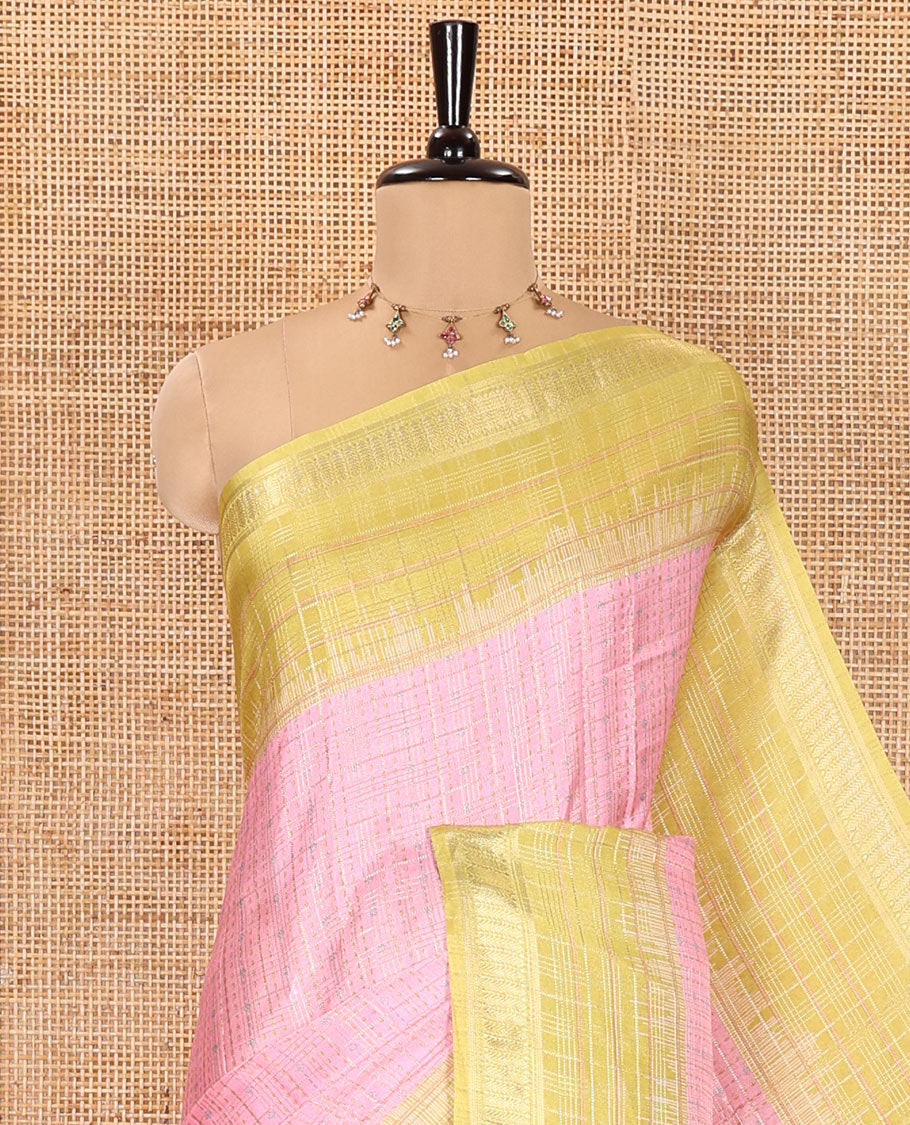Pink Manipuri Silk Saree, Subtly Sparkled with a Checked Design on Its Body, Complemented by a Contrast Zari Checked Border, Pallu Pictures Floral Jaal Designs, and Paired with a Contrast Blouse