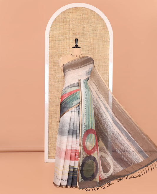 Green Linen Cotton Saree, Creatively Printed with Abstract-Style Geometric Patterns on Its Body, Subtle Piping Border, Abstract-Style Geometric Printed Pallu, and Paired with a Contrast Blouse