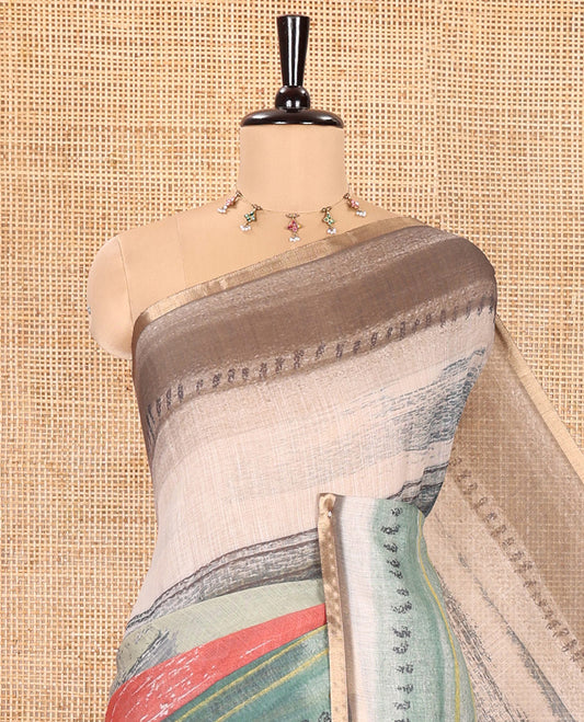 Green Linen Cotton Saree, Creatively Printed with Abstract-Style Geometric Patterns on Its Body, Subtle Piping Border, Abstract-Style Geometric Printed Pallu, and Paired with a Contrast Blouse