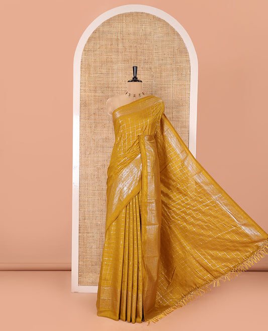 Gold Vichitra Saree, Elevated with Medium-Sized Checked Design on Its Body, Highlighted by a Traditional Design Border, Self-Pallu, and Comes Without a Blouse
