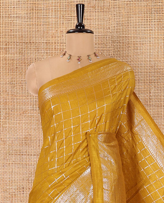 Gold Vichitra Saree, Elevated with Medium-Sized Checked Design on Its Body, Highlighted by a Traditional Design Border, Self-Pallu, and Comes Without a Blouse